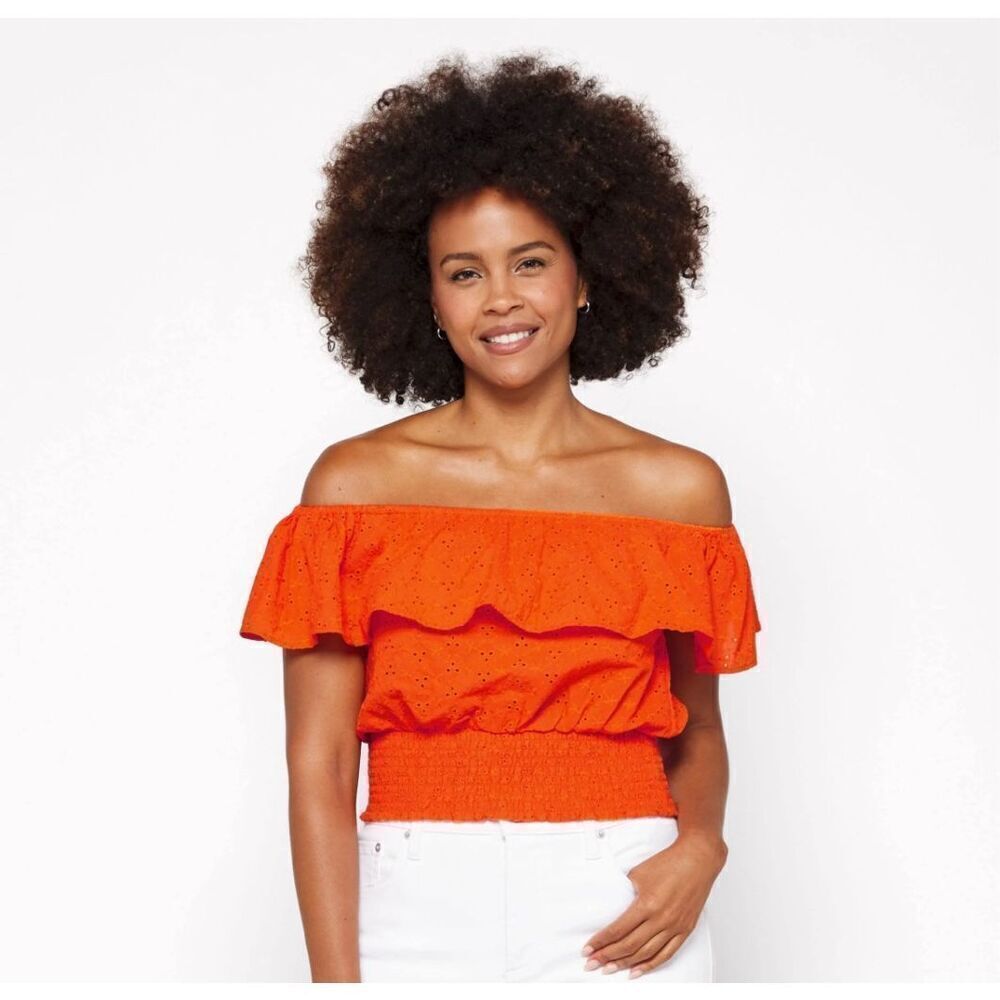 1. State Top Tigerlily Eyelet Ruffle Smocked Crop Orange Size XS NWT